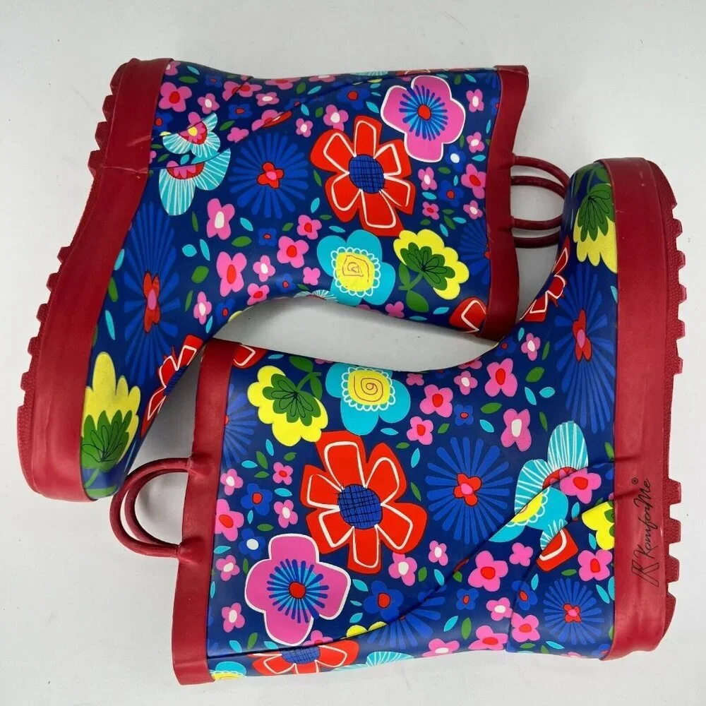 KomforMe Girls Multicolor Floral Rain Boots Mid Top Round Toe Pull On Size 4